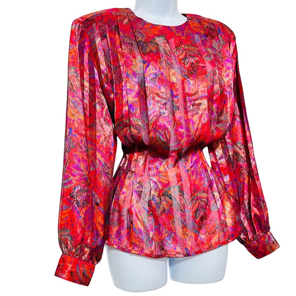 Vintage TESS Abstract Print Blouse 80s Colorful Long Sleeve Button Back Top Sz 8